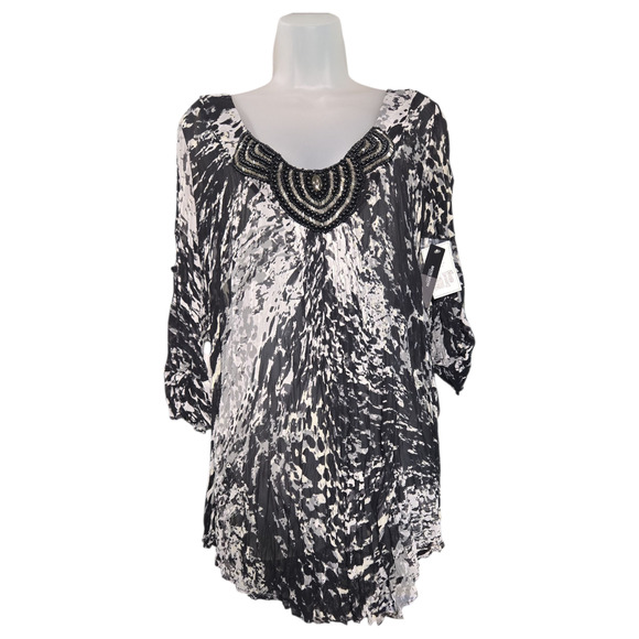 Bisou Bisou Women Sz Medium NWT Black Gray Silver Embellished Crinkle Blouse Y2K - Picture 1 of 11